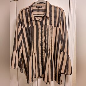 Rouge Collection Black and Cream Striped Sheer Button Down Shirt In A 3X. EUC